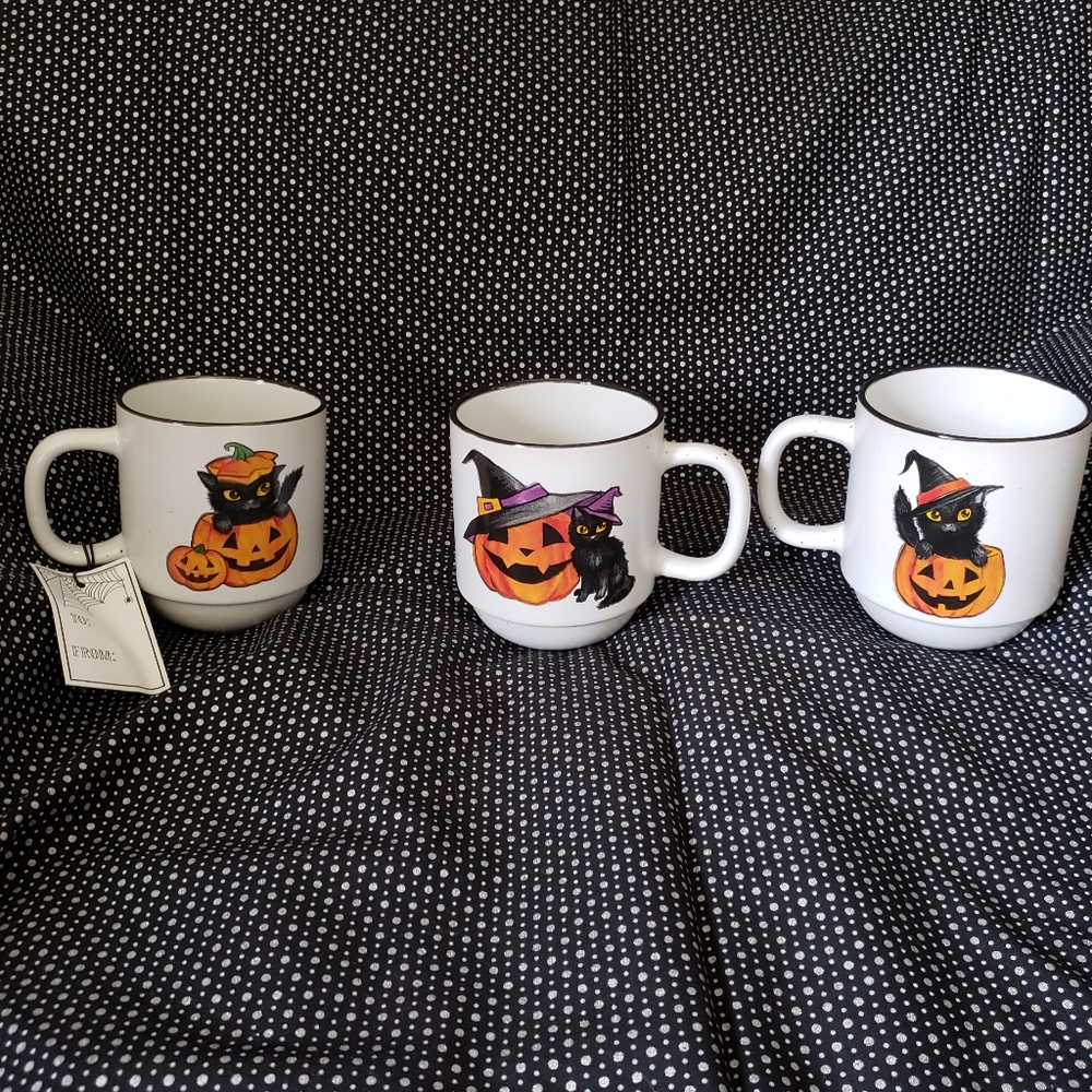 Cobwebs And Cauldrons Halloween Black Cat  Stackable Muhs Set Of 3 NWT